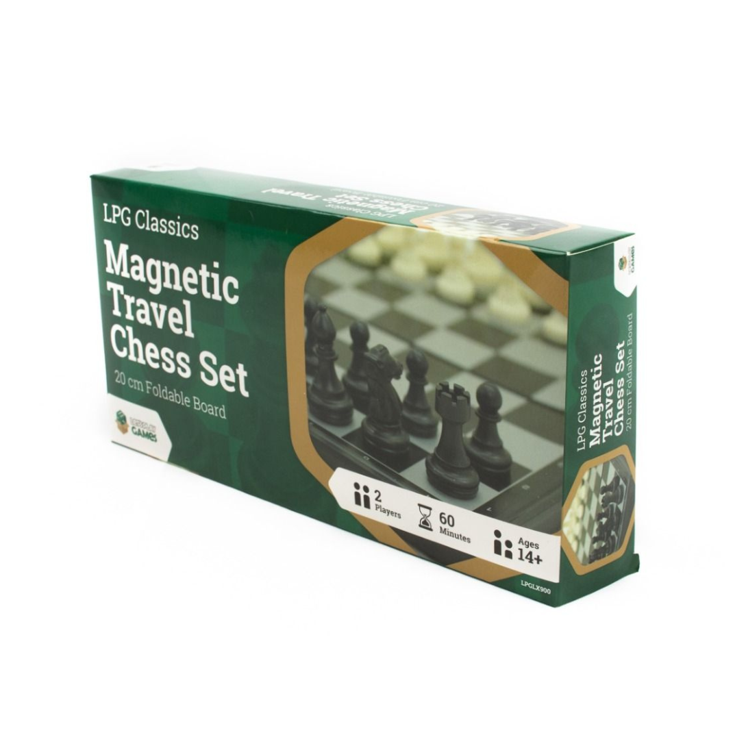 A 20cm LPG Classics plastic magnetic travel chess set shown partially folded, revealing the internal storage for the black and white magnetic pieces.