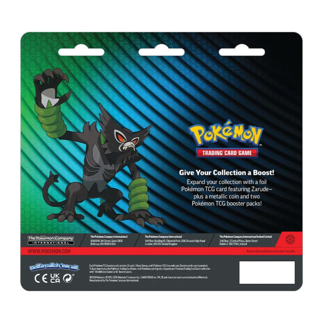 Pokémon TCG Mega Evolution Zarude 2-Pack Blister with foil Zarude promo, Pitch Black and Chaos Rising booster packs, front of pack