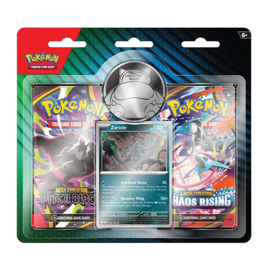 Pokémon TCG Mega Evolution Zarude 2-Pack Blister with foil Zarude promo, Pitch Black and Chaos Rising booster packs, front of pack