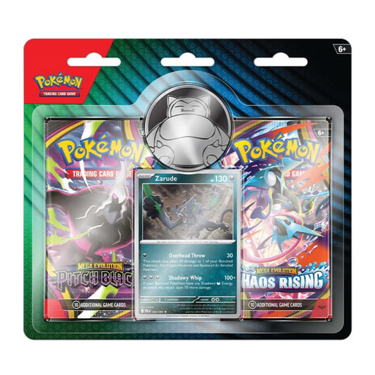 Pokémon TCG Mega Evolution Zarude 2-Pack Blister with foil Zarude promo, Pitch Black and Chaos Rising booster packs, front of pack