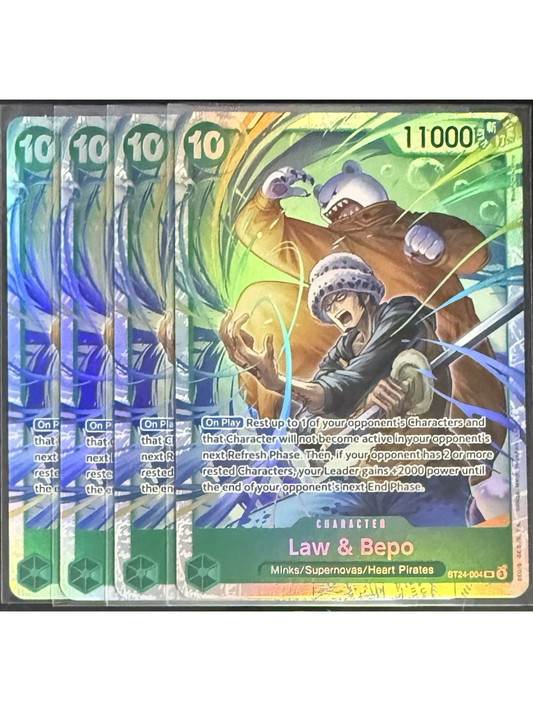 4x One Piece TCG ST24-004 SR Law & Bepo Super Rare Foil cards in a playset arrangement.