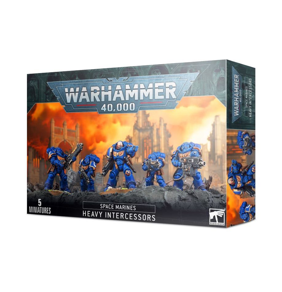 Multipart plastic kit for the Space Marines Heavy Intercessor Squad (5 miniatures). Clad in Gravis armour and equipped with heavy bolt rifles for defensive fire support in Warhammer 40,000.