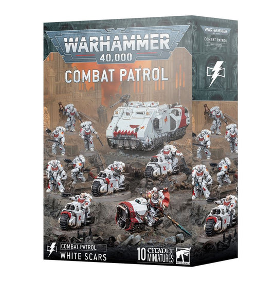 Combat Patrol White Scars 2025 box front showing Suboden Khan, Impulsor, Outriders and Assault Intercessors