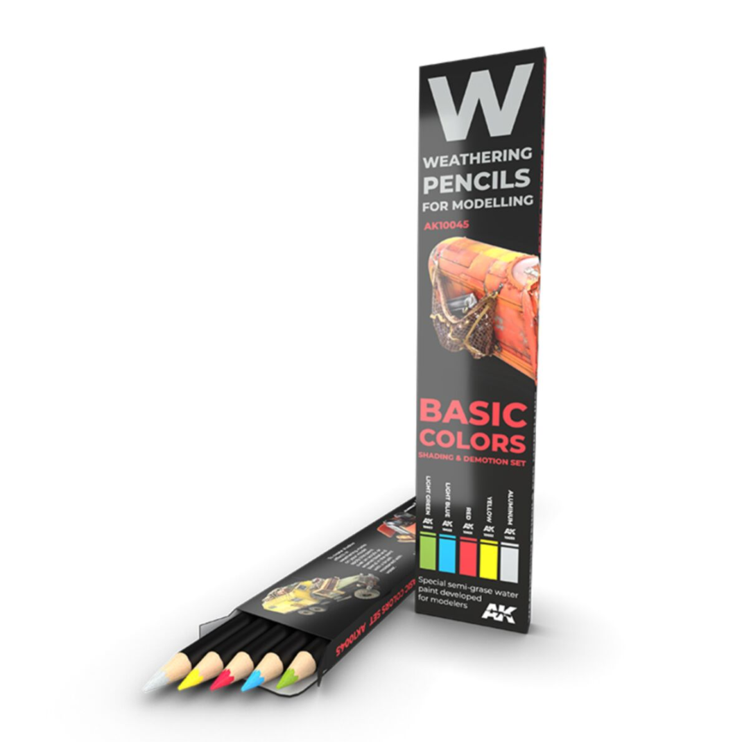 A 5-pack of AK Interactive weathering pencils from the Basics set, featuring black, white, gunmetal, red-brown, and yellow pencils for model detailing.