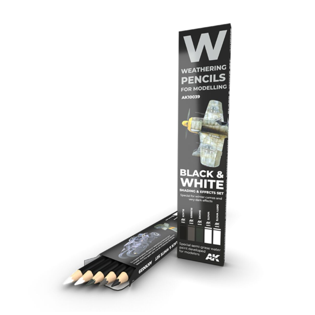 A 5-pack of AK Interactive weathering pencils in black, white, and grey tones for scale model shading and highlight detailing.