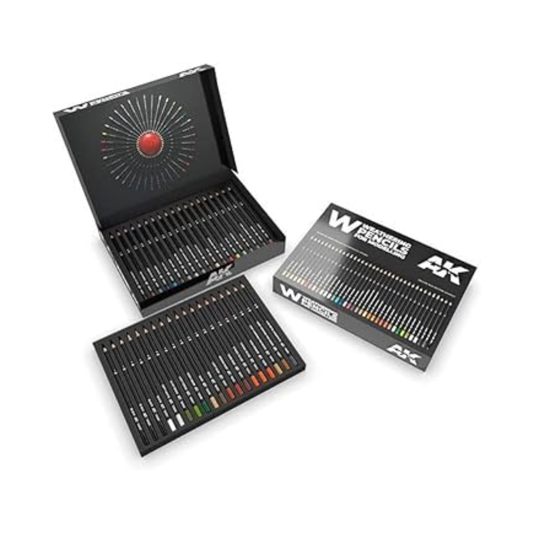 The AK Interactive Weathering Pencils Deluxe Edition Box showing the full range of 37 colored pencils in a premium protective storage case.