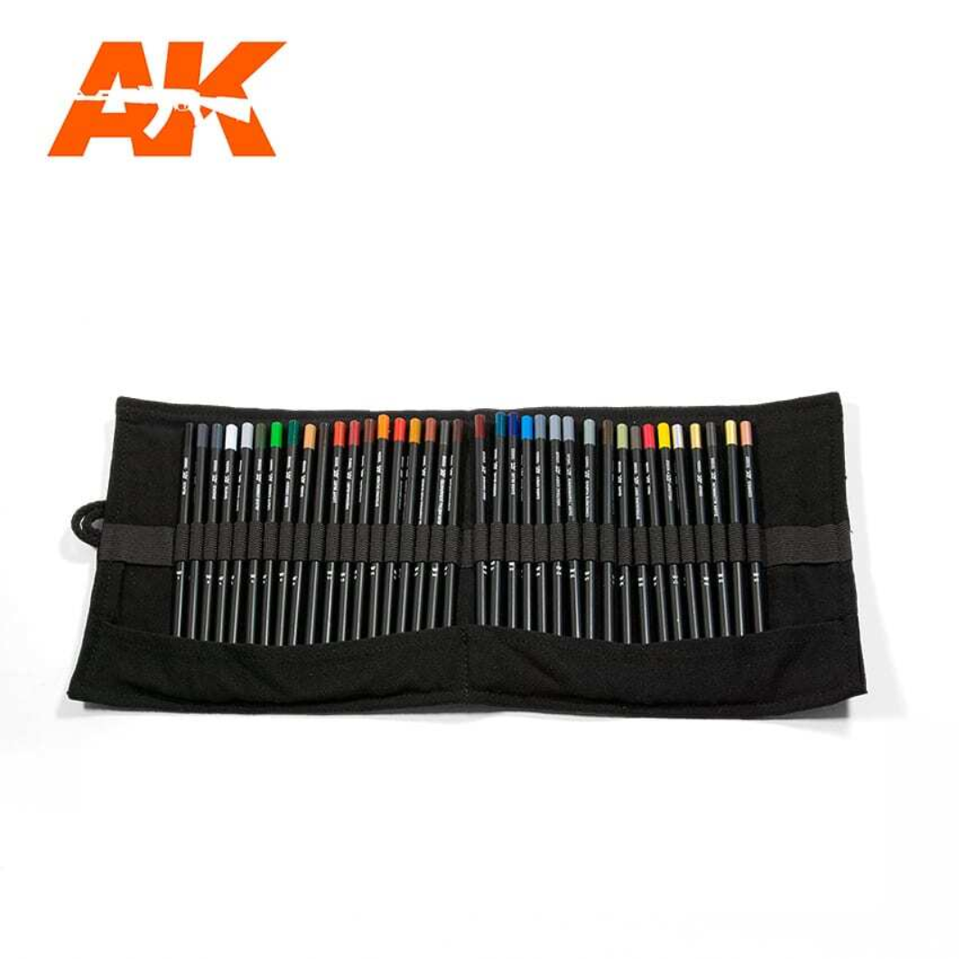 A roll-up cloth case containing the full range of 37 AK Interactive weathering pencils for scale modeling and miniature painting