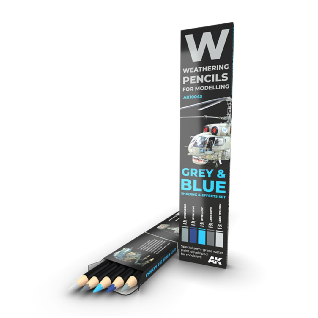 A 5-pack of AK Interactive weathering pencils for grey and blue camouflages, featuring various shades of blue and grey for scale model detailing.