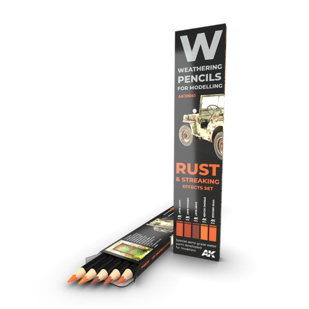 A 5-pack of AK Interactive weathering pencils for rust and streaking effects, showing a range of orange and brown tones for scale modeling.