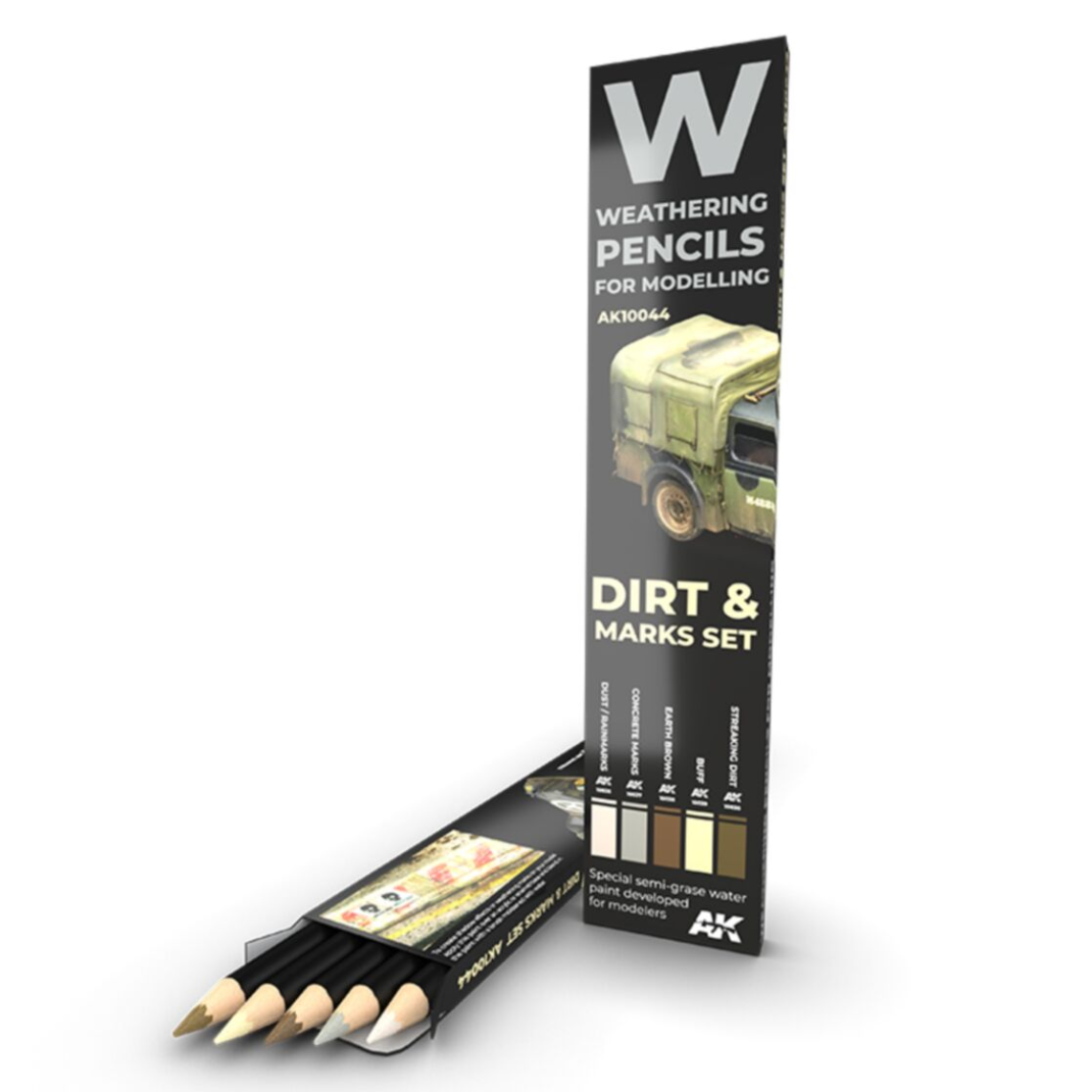 A 5-pack of AK Interactive weathering pencils for splashes, dirt, and stains, showing the specific earth-tone colors for scale model weathering.