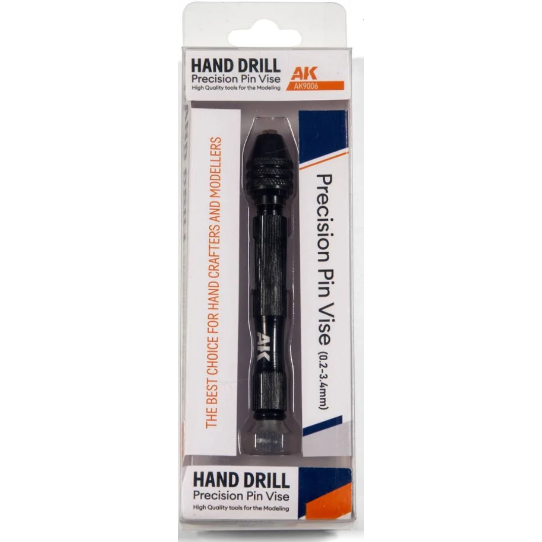 The AK Interactive Precision Hand Drill with its textured metal grip and rotating swivel head, perfect for scale model detailing.