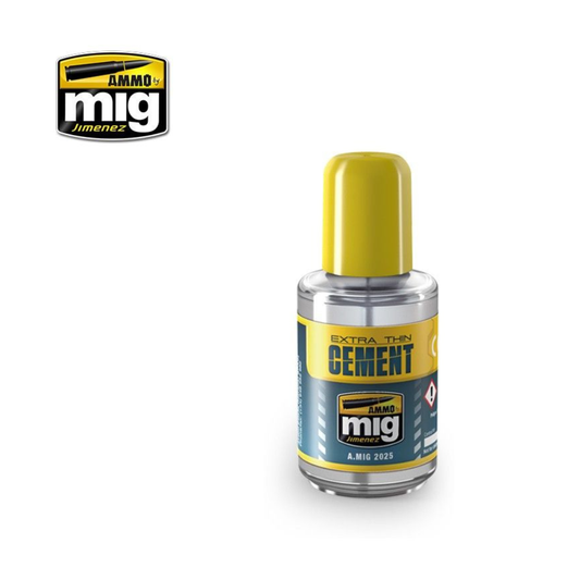 AMMO by MIG Extra Thin Cement (A.MIG-2025) 30ml glass bottle with fine applicator brush for plastic model assembly.