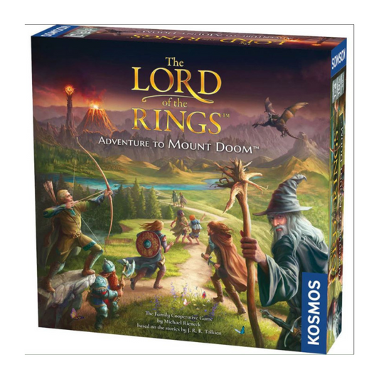 Box cover of The Lord of the Rings: Adventure to Mount Doom board game with Frodo and the Fellowship.
