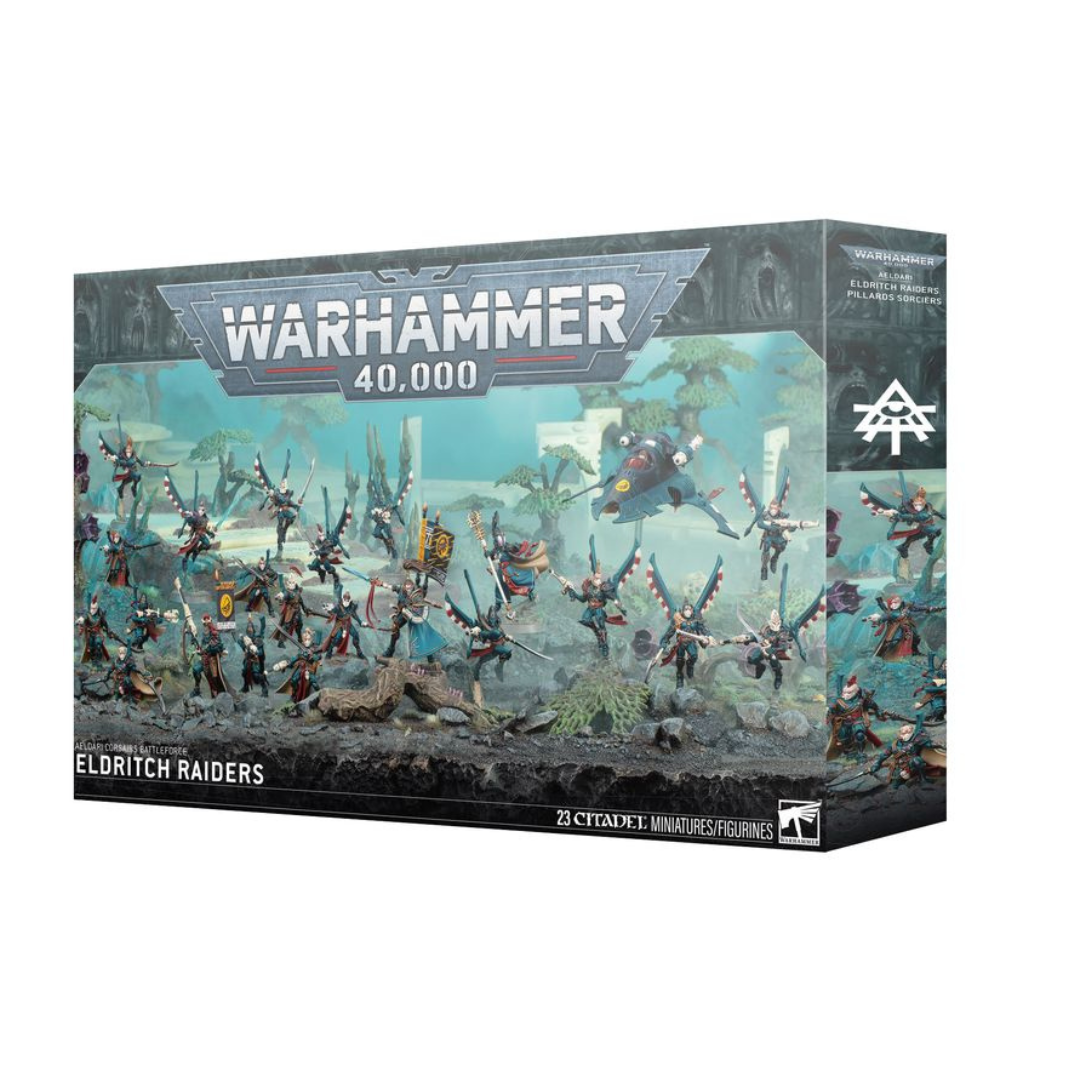 The Aeldari Corsairs Battleforce: Eldritch Raiders box art featuring Prince Yriel leading a force of Skyreaver jump-pack troops and a Starfang skimmer against a void backdrop.