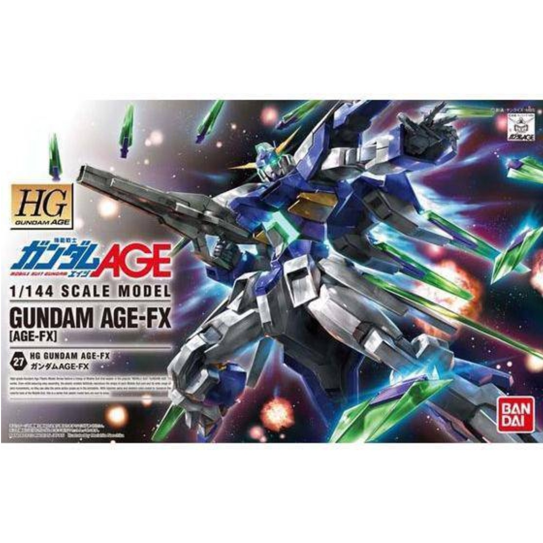 Front box art packaging for the HG 1/144 Gundam AGE-FX model kit showing the white and blue mobile suit deploying its translucent green C-Funnels.