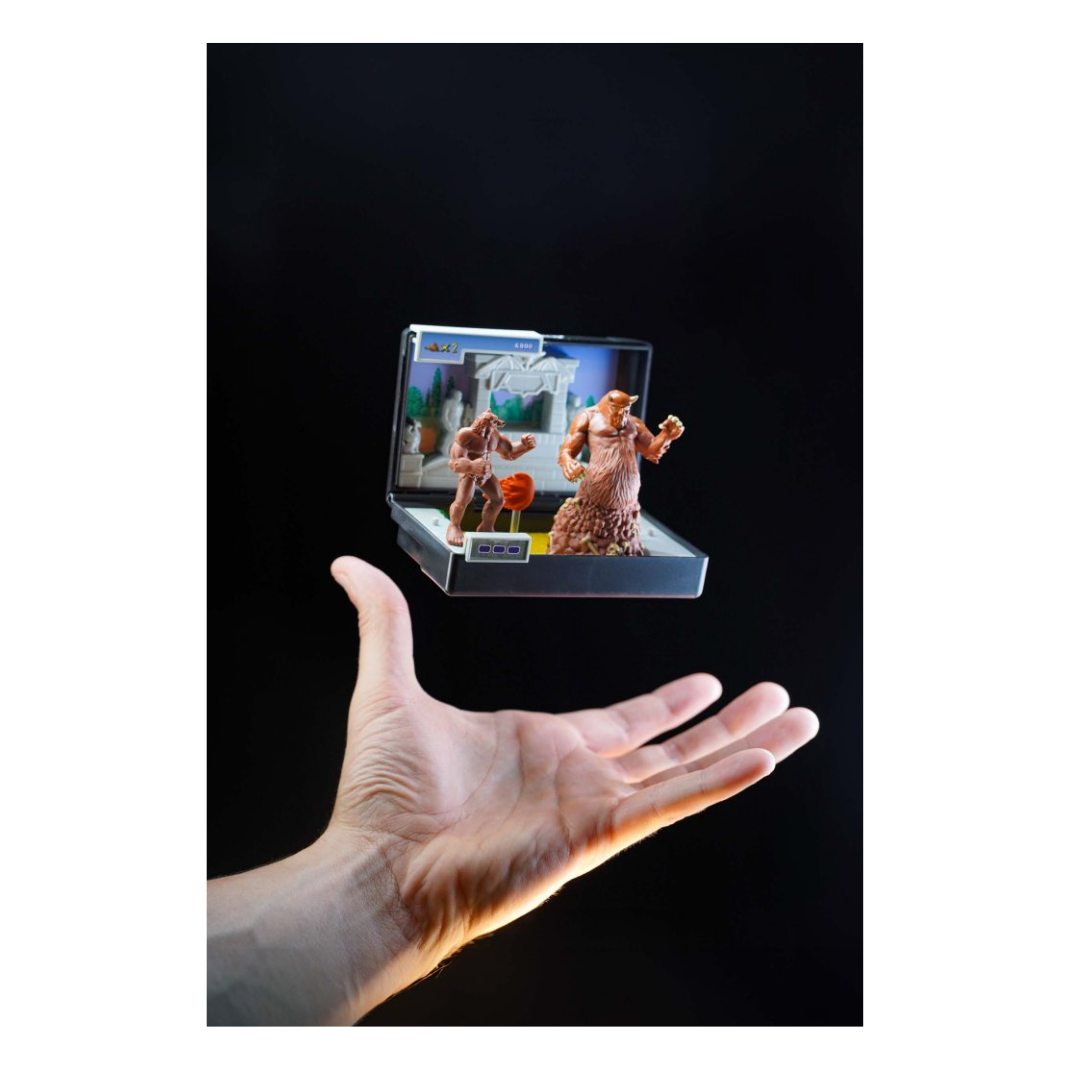 Console Heroes: Altered Beast Collectible Diorama. The diorama is housed within a plastic SEGA Mega Drive game cartridge, showing a detailed miniature scene of the Centurion fighting a beast.