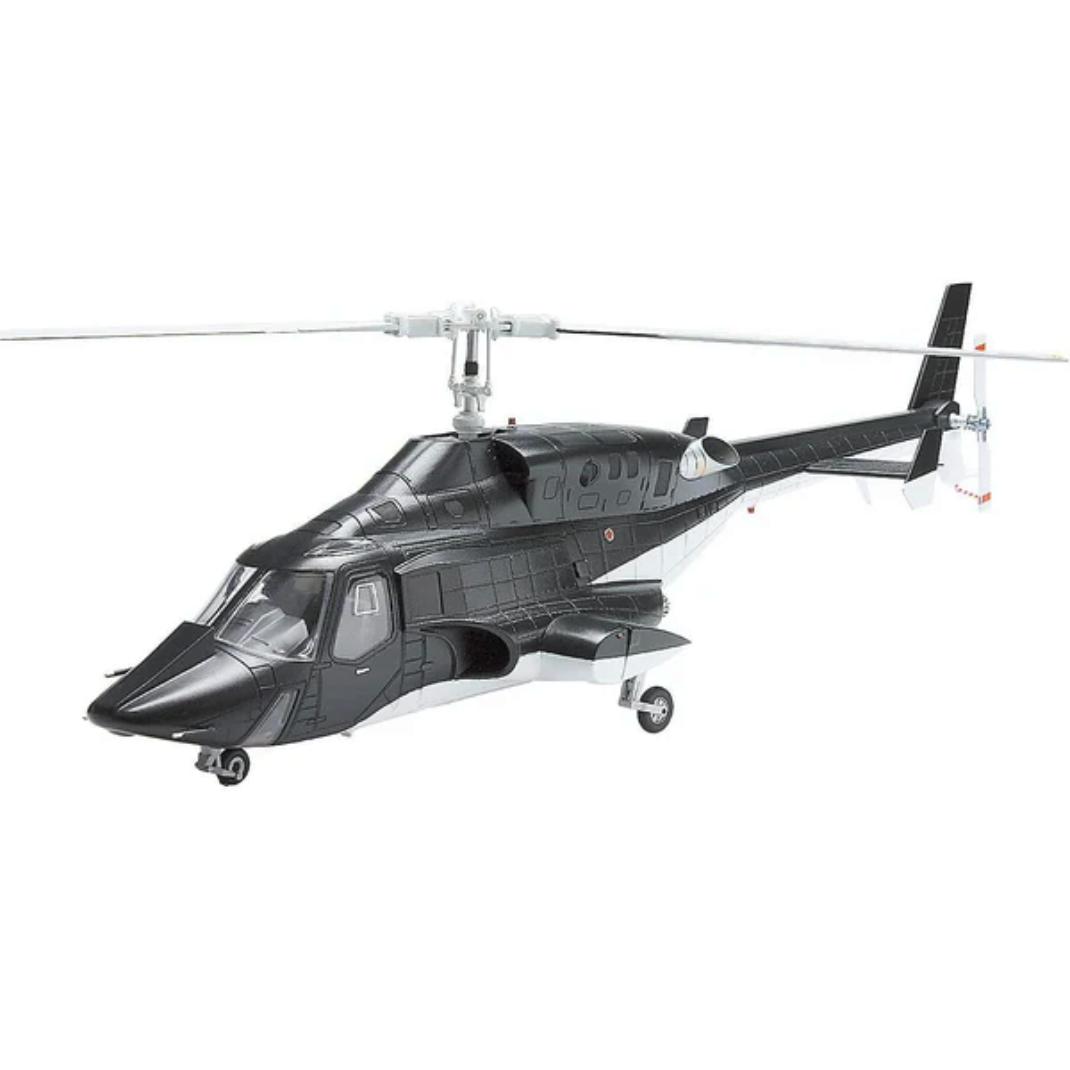 Aoshima 1/48 scale Airwolf model kit showing the clear-bodied helicopter with detailed internal cockpit and weaponry.