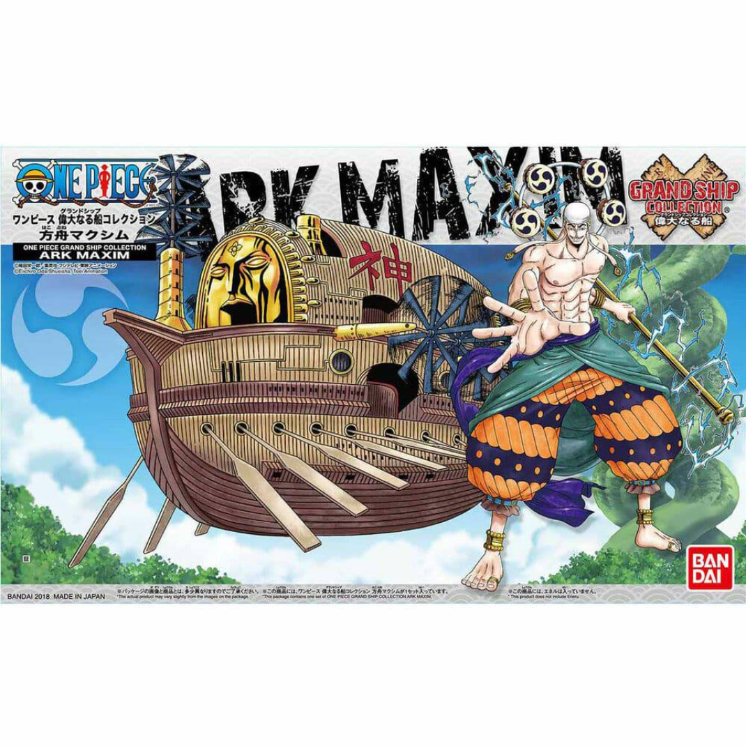Official packaging box art for the One Piece Grand Ship Collection Ark Maxim model kit showing the golden flying ship soaring through white clouds.