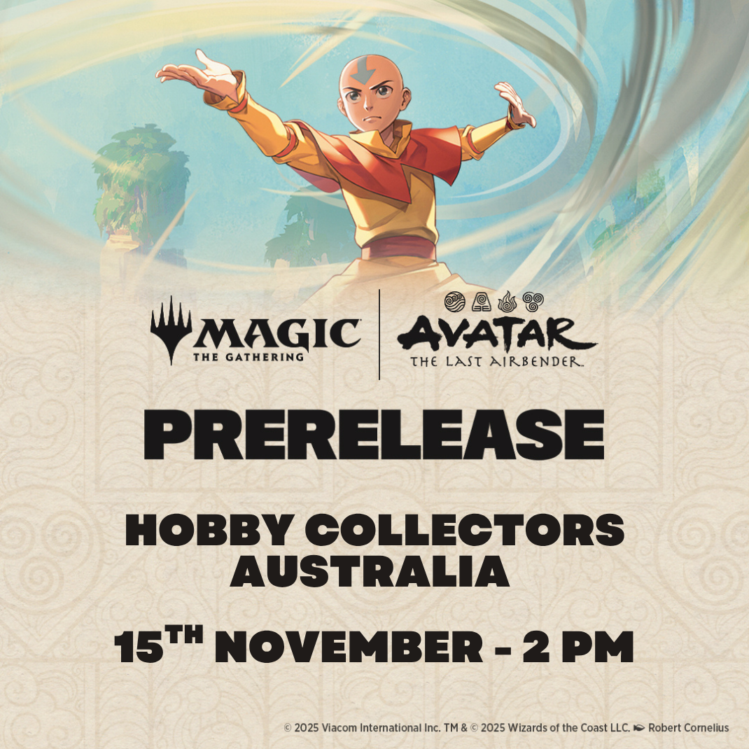 Magic the Gathering Avatar the Last Airbender Prerelease Event at Hobby Collectors Australia – Aang, Katara, Zuko, Azula, and Toph prerelease packs, Sealed format.
