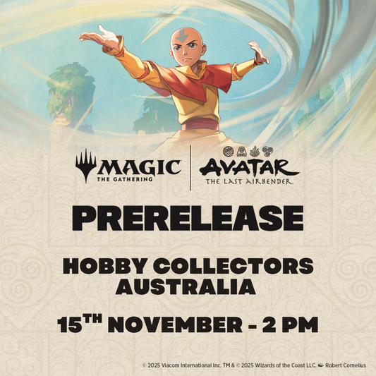 Magic the Gathering Avatar the Last Airbender Prerelease Event at Hobby Collectors Australia – Aang, Katara, Zuko, Azula, and Toph prerelease packs, Sealed format.