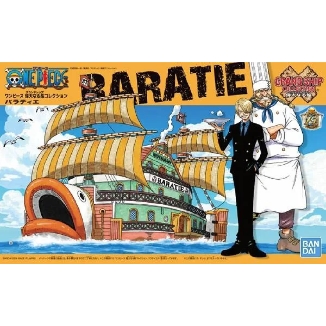 Official packaging box art for the One Piece Grand Ship Collection Baratie model kit showing the unique fish-shaped restaurant ship floating on calm seas.