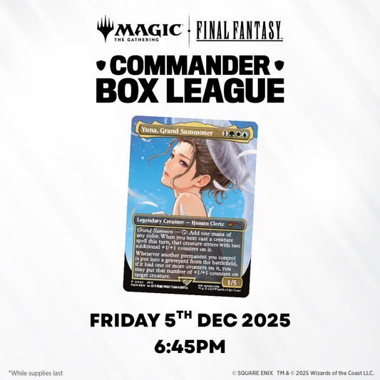 MTG Final Fantasy Commander Sealed Box League event showing a Play Booster Box, Herald's Horn Moogle promo, and Yuna promo card.