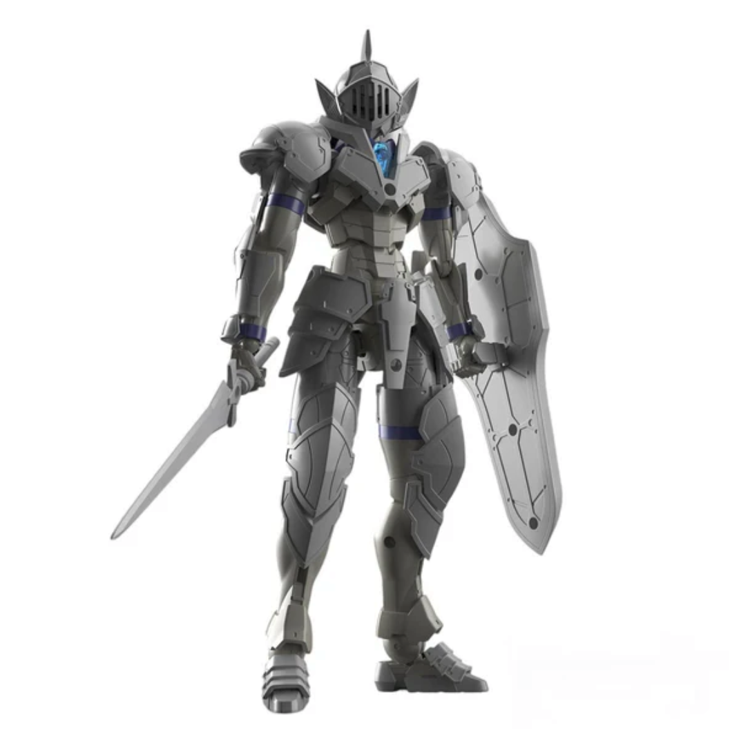 Bandai 30 Minutes Fantasy #01 Liber Knight model kit showing the white and blue knight with its sword and shield.