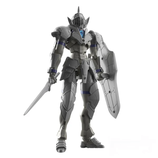 Bandai 30 Minutes Fantasy #01 Liber Knight model kit showing the white and blue knight with its sword and shield.