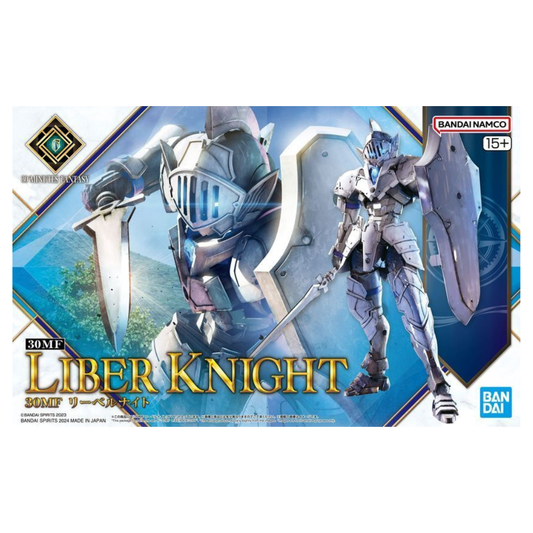 Model kit packaging for 'Liber Knight' by Bandai Namco on a blue and white background.