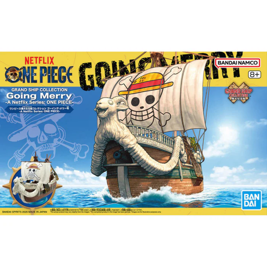 A detailed model of the Going Merry from the Netflix One Piece series, featuring the realistic sheep bow and blue wave effect parts on a display stand.