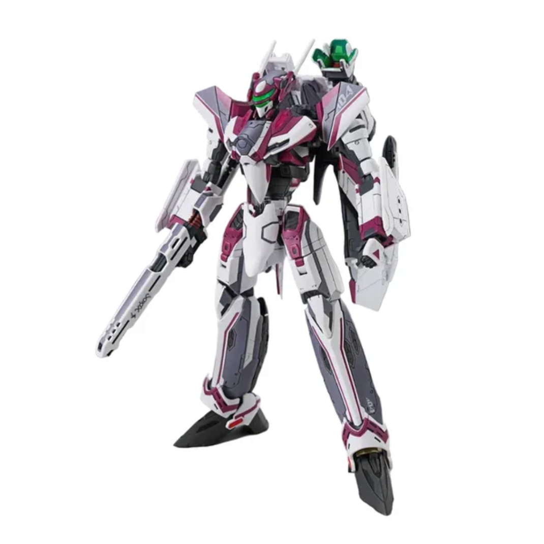 Bandai 1/100 scale HG VF-31C Siegfried model kit in Mirage Farina Jenius colors, shown in Fighter and Battroid modes.