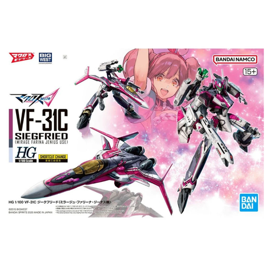 Bandai 1/100 scale HG VF-31C Siegfried model kit in Mirage Farina Jenius colors, shown in Fighter and Battroid modes.