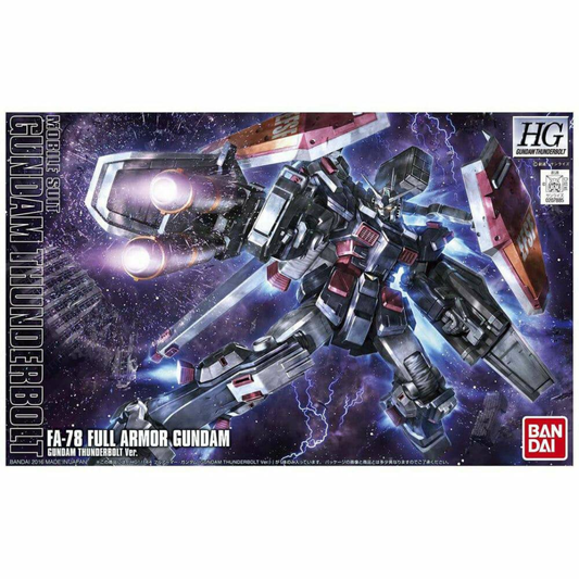 The HG 1/144 Full Armor Gundam [Gundam Thunderbolt Ver.] model kit with all four shields deployed and double-barrel beam rifle ready for action.