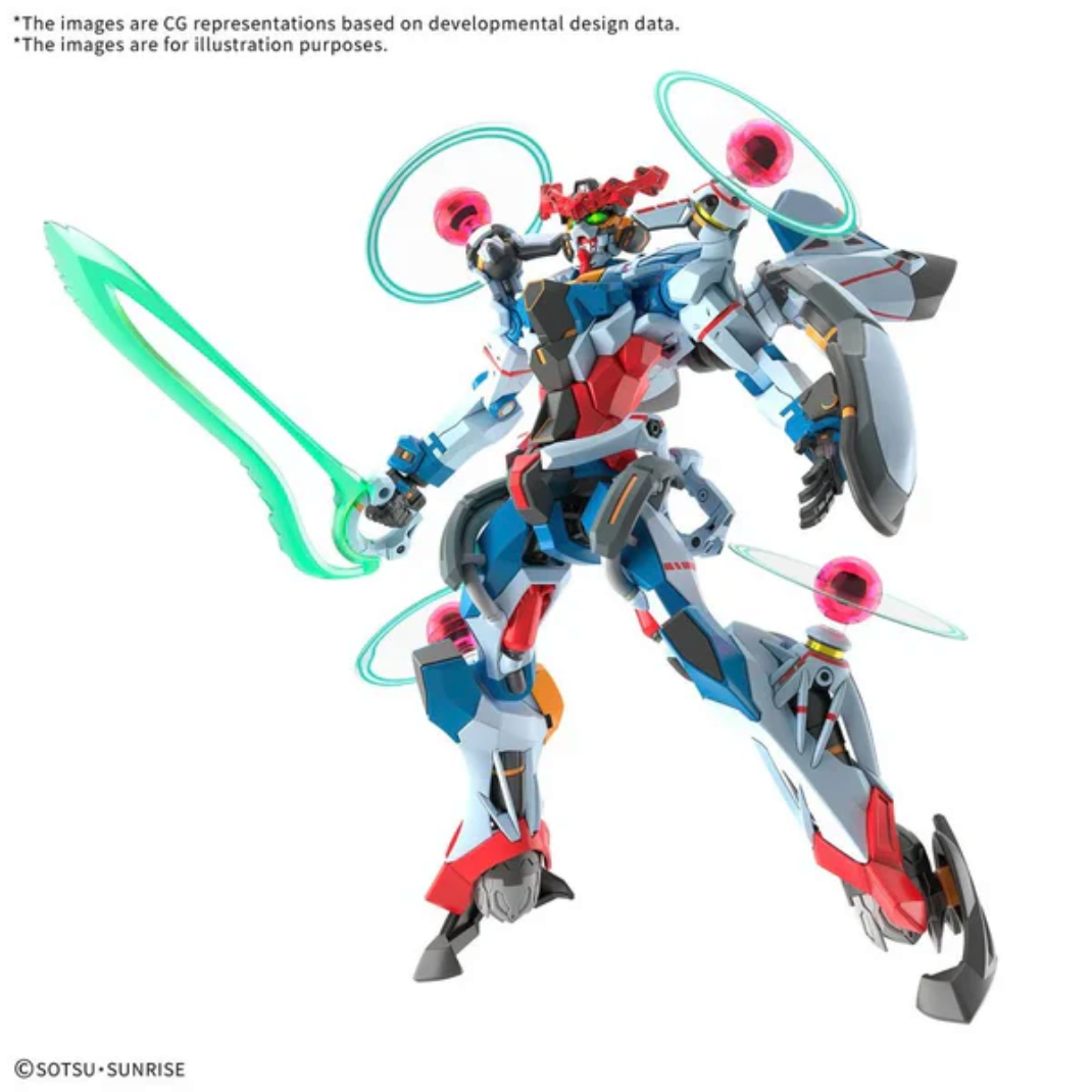 The HG 1/144 GQuuuuuuX (Endymion Unit Awakened) model kit in a dynamic pose with clear teal energy effect sheets attached to the arms and legs and the head unit in the open position.
