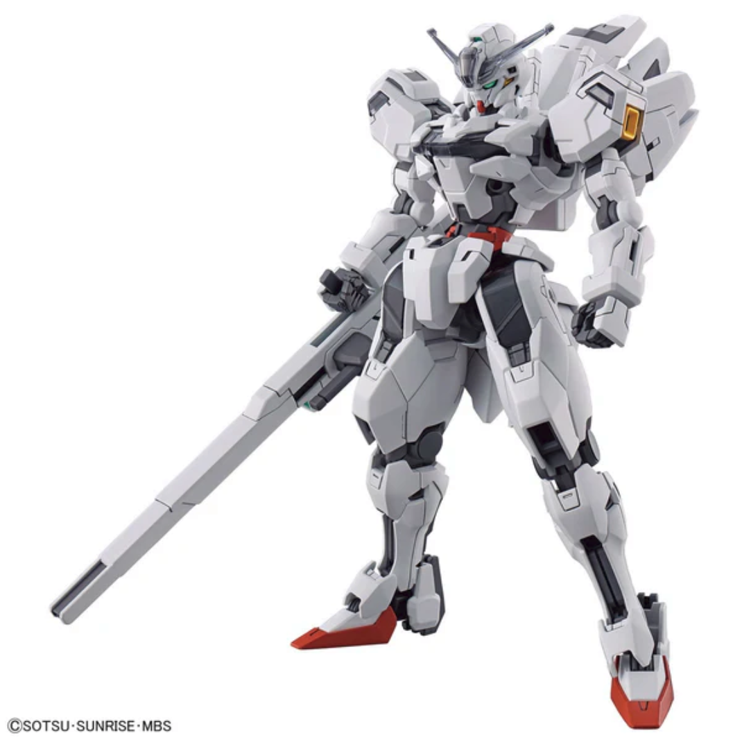 Bandai High Grade 1/144 scale Gundam Calibarn model kit with white armor, rainbow chest piece, and its signature large broom-shaped rifle.