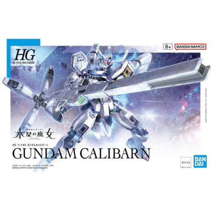 Bandai High Grade 1/144 scale Gundam Calibarn model kit with white armor, rainbow chest piece, and its signature large broom-shaped rifle.