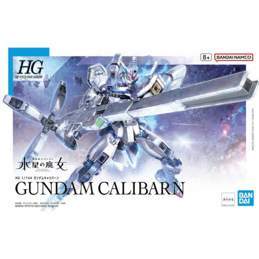 Bandai High Grade 1/144 scale Gundam Calibarn model kit with white armor, rainbow chest piece, and its signature large broom-shaped rifle.