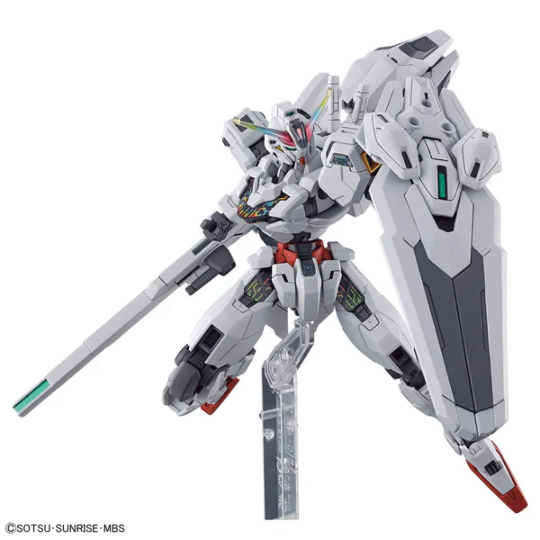 Bandai High Grade 1/144 scale Gundam Calibarn model kit with white armor, rainbow chest piece, and its signature large broom-shaped rifle.