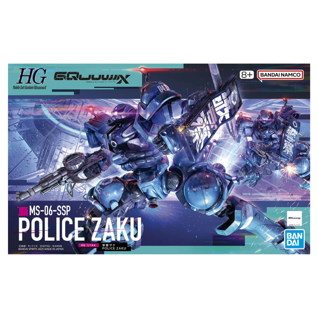 High Grade 1/144 scale model kit of the Military Police Zaku featuring a blue-grey color scheme and clear red shoulder lights.