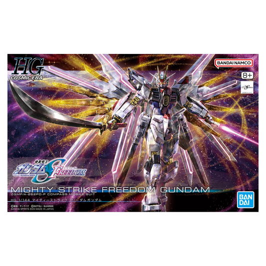 Bandai High Grade 1/144 scale Mighty Strike Freedom Gundam model kit showing the white and gold mobile suit with its wings deployed and physical sword.