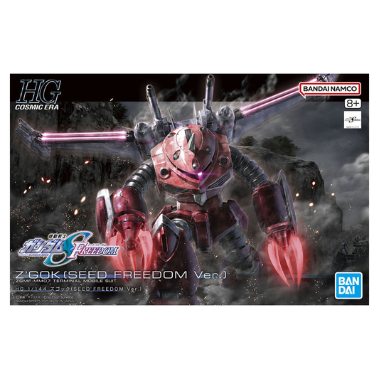 Bandai High Grade 1/144 scale Z'Gok SEED Freedom Ver. model kit showing the red mobile suit with articulated claws and backpack.
