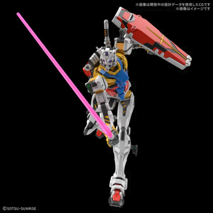Box art of the HG 1/144 White Gundam mobile suit in a dynamic pose firing its Hyper Bazooka, featuring its signature white and blue armor from the GQuuuuuuX series.