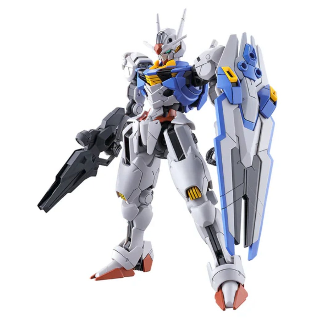Bandai High Grade 1/144 scale Gundam Aerial model kit showing the white and blue mobile suit with its modular shield and clear beam effects.