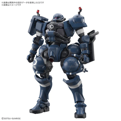 High Grade 1/144 scale model kit of the Military Police Zaku featuring a blue-grey color scheme and clear red shoulder lights.