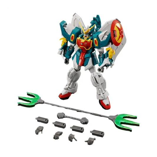 Completed Bandai HG 1/144 Altron Gundam model kit posed with the extended Dragon Fangs and Twin Beam Trident.