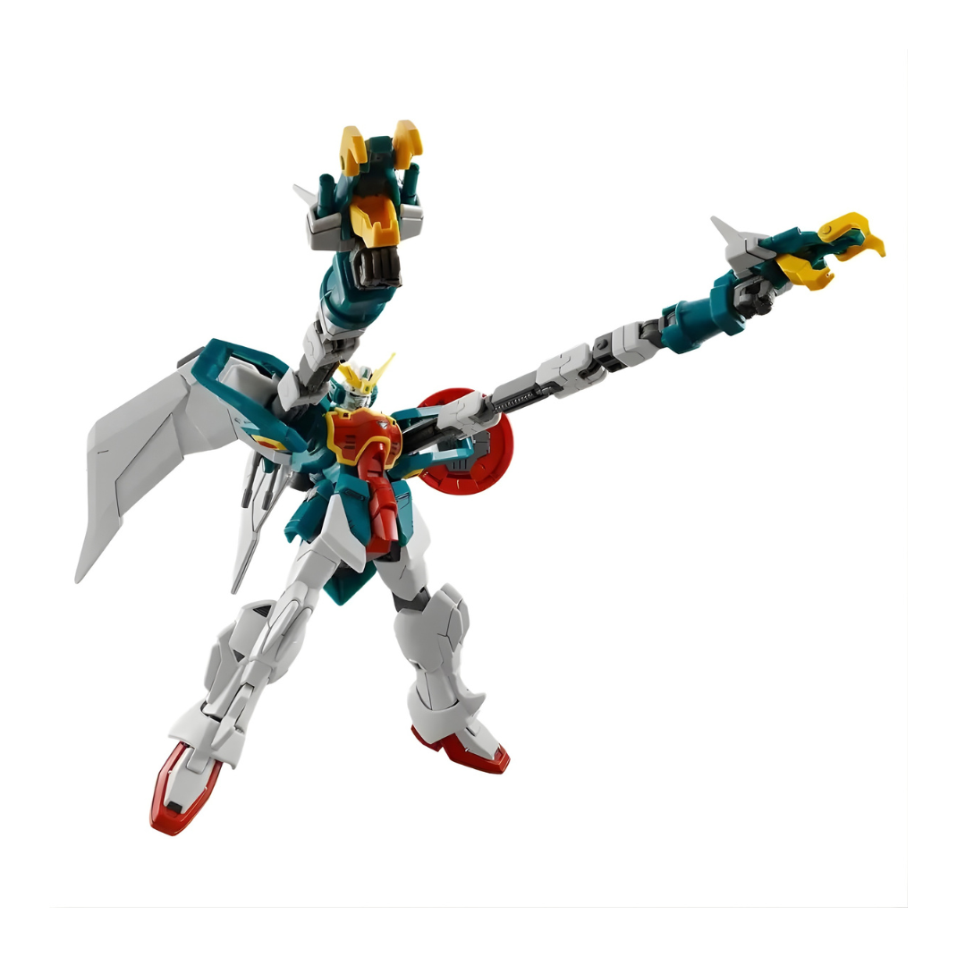 Completed Bandai HG 1/144 Altron Gundam model kit posed with the extended Dragon Fangs and Twin Beam Trident.