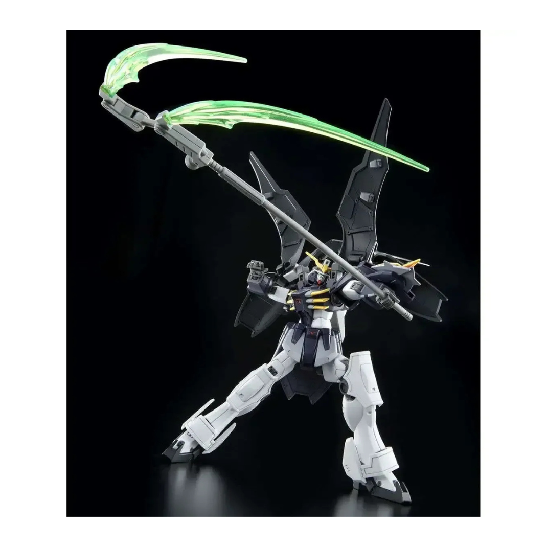 Completed HG Deathscythe Hell model kit with Active Cloak wings fully expanded and holding the Twin Beam Scythe.