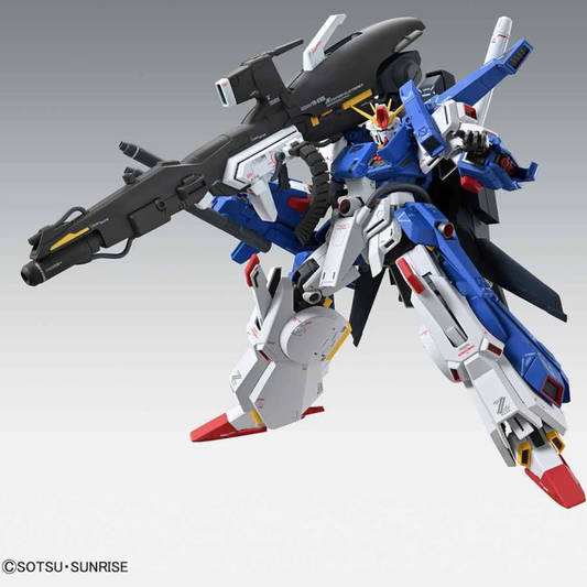 Bandai Master Grade 1/100 scale Full Armor ZZ Gundam Ver. Ka model kit showing the heavily armored mobile suit with the Hyper Mega Cannon.