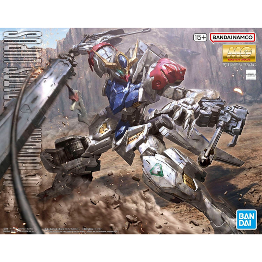 The Bandai MG 1/100 Gundam Barbatos Lupus model kit in an aggressive combat pose with its signature Sword Mace and working internal frame pistons visible.