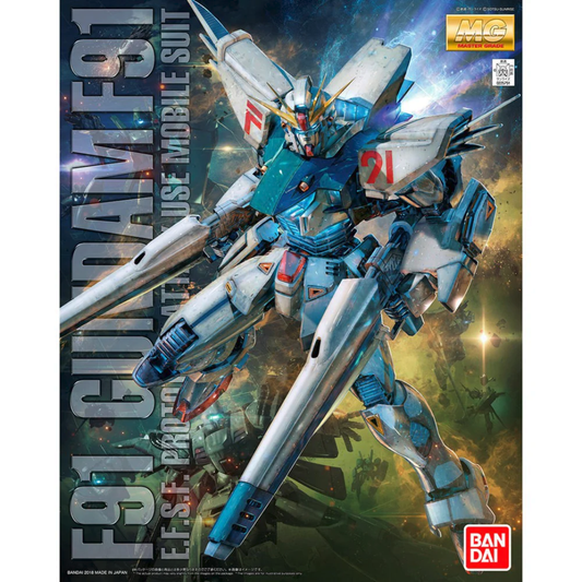 The Bandai MG 1/100 Gundam F91 Ver.2.0 model kit in a dynamic pose firing its V.S.B.R. rifles with heat fins deployed.